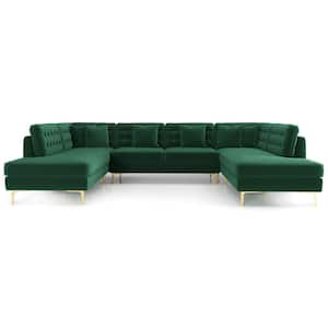 Clarissa 130 in. W Square Arm 3-piece U-Shaped Velvet Modern Living Room Corner Sectional Sofa in Dark Green