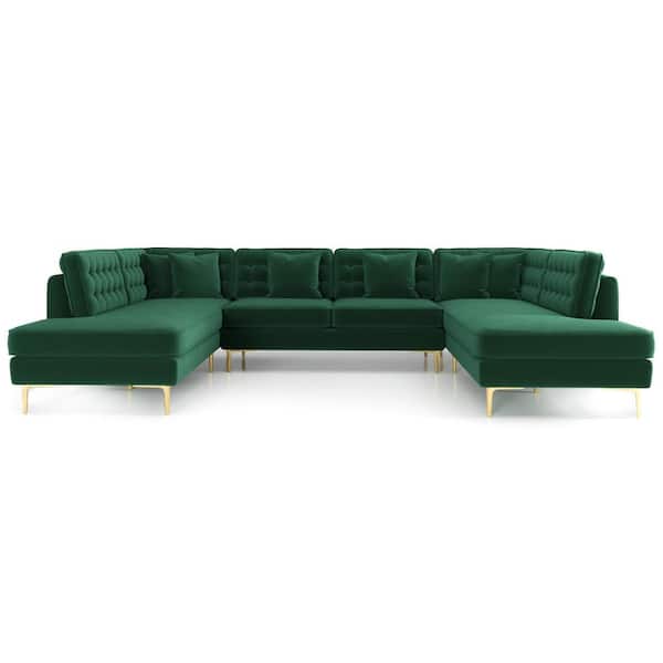 Ashcroft Furniture Co Clarissa 130 in. W Square Arm 3-piece U-Shaped Velvet Modern Living Room Corner Sectional Sofa in Dark Green
