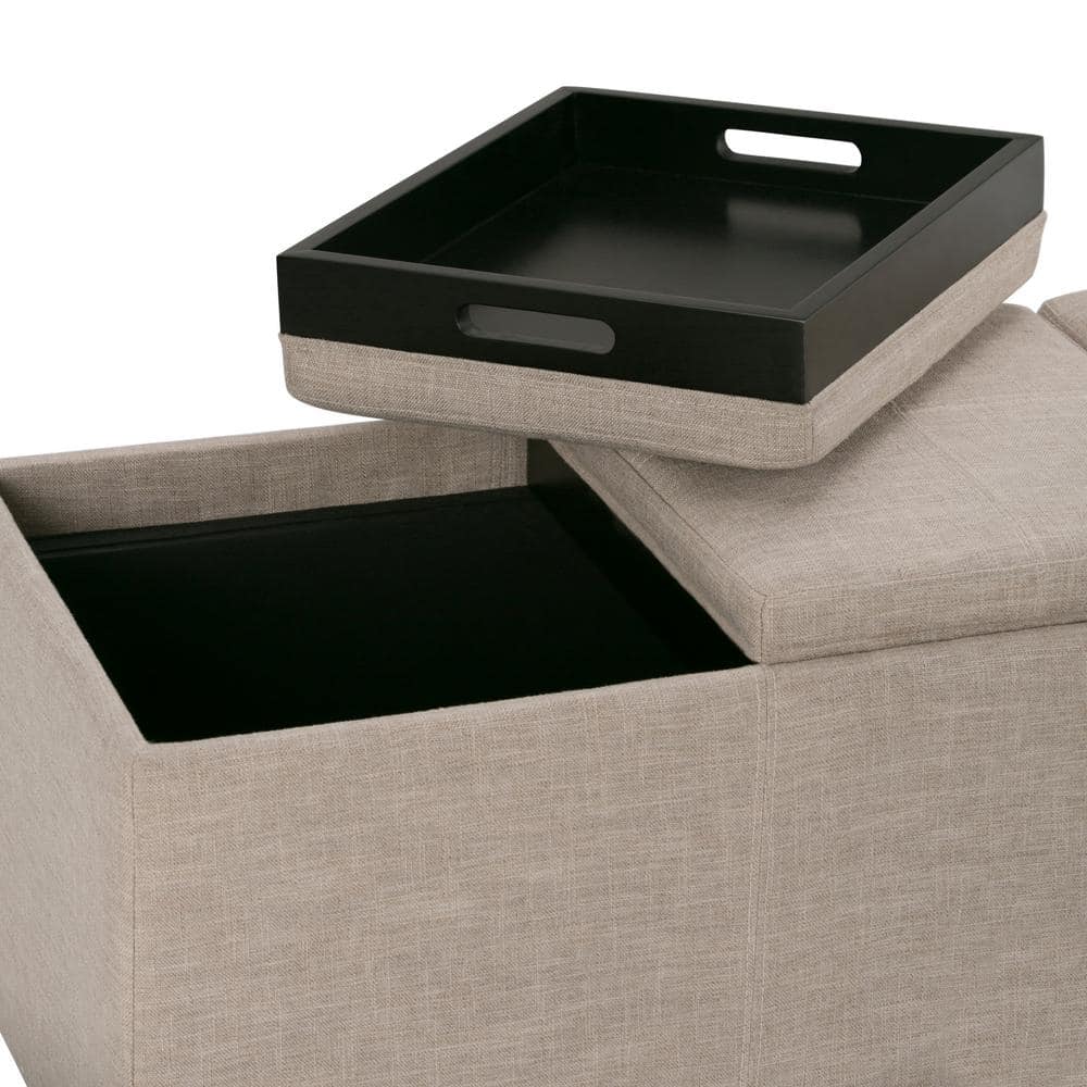 Avalon Natural Linen Look Large Storage Ottoman with Serving Trays