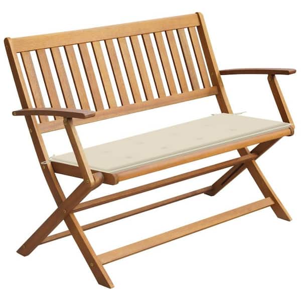 TIRAMISUBEST 47.2 in. W 2-Person Brown Wood Folding Garden Outdoor Bench with Beige Cushion
