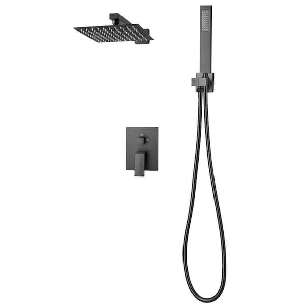 Matte Black Shower Faucet Set, 1 Spray Wall Mounted Brass Valve, Trim Kit, 8 in. Rain Shower Head and Handheld