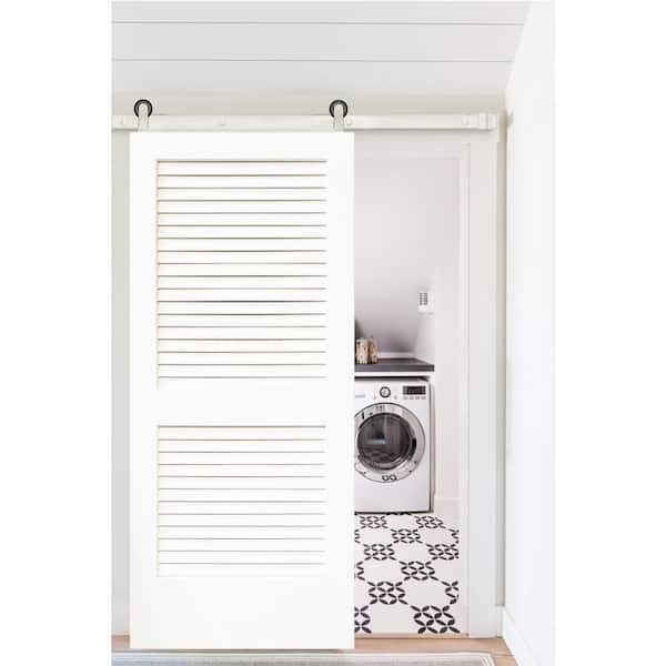 36 in. x 84 in. Plantation Louver 2-Panel Primed Wood Barn Door with Stainless Steel Sliding Door Hardware Kit