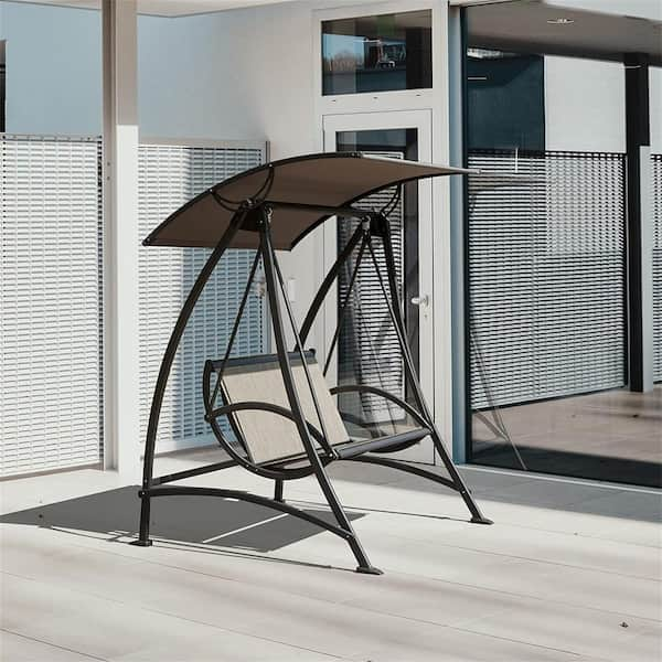 2-Person Brown Metal Porch Swing with Adjustable Canopy