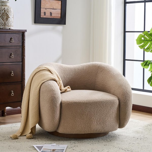 Esther Light Brown Upholstered Boucle Fabric Swivel Chair Wooden Base Accent Arm Chair