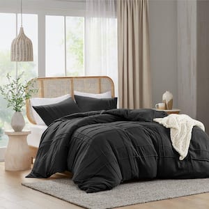 Porter 3-Piece Black Microfiber Full/Queen Soft Washed Pleated Duvet Cover Set