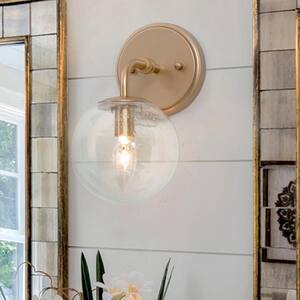 Modern Brass Gold Bedroom Wall 1-Light Globe Bathroom Vanity Light with Seeded Glass Shade