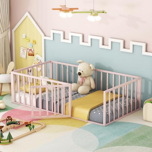 Harper & Bright Designs Pink Metal Frame Twin Size Floor Platform Bed with Full-Length Fence Guardrails and Door