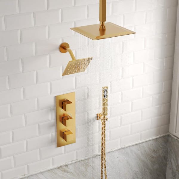 ZenithRain 5-Spray Square High Pressure with Dual Rainfall Showerheads Thermostatic Valve Included in Brushed Gold
