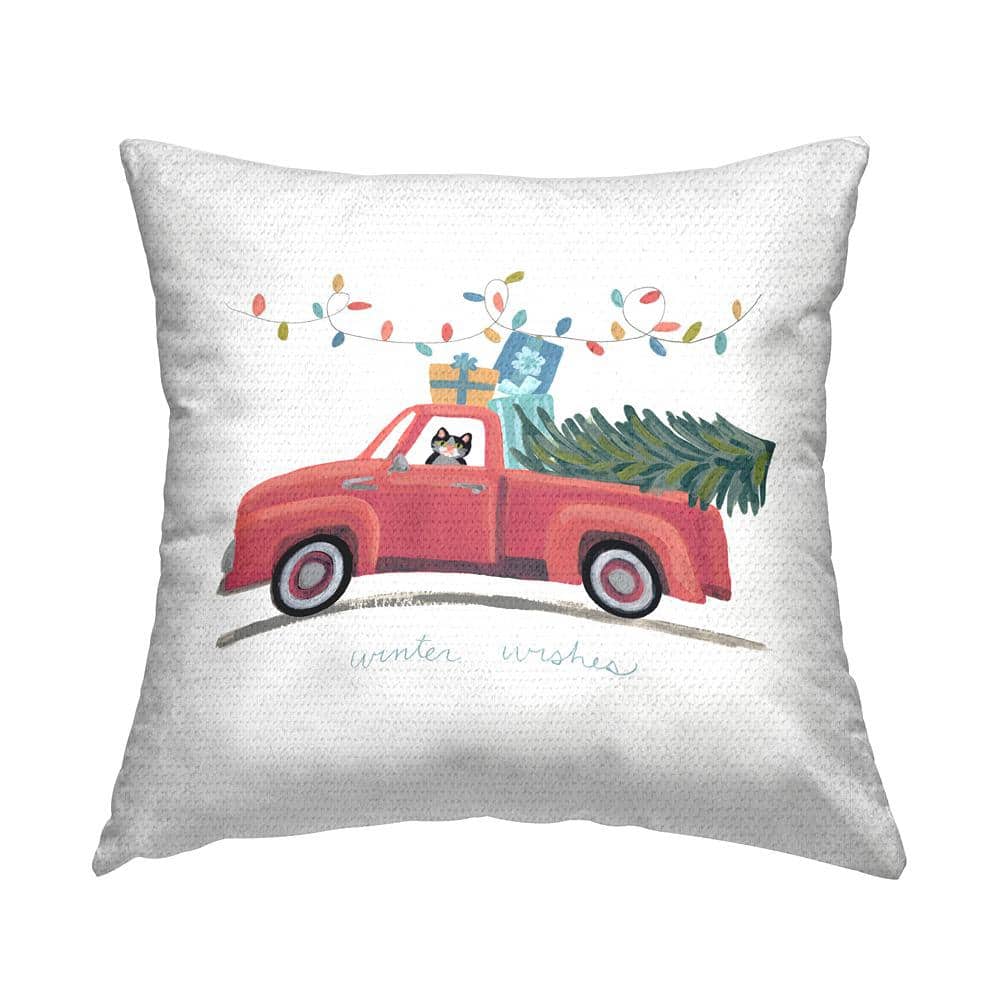 Winter Wishes Red Christmas Cat Gift Truck Multi-Color Square Outdoor Throw Pillow price history on PriceWatchPro