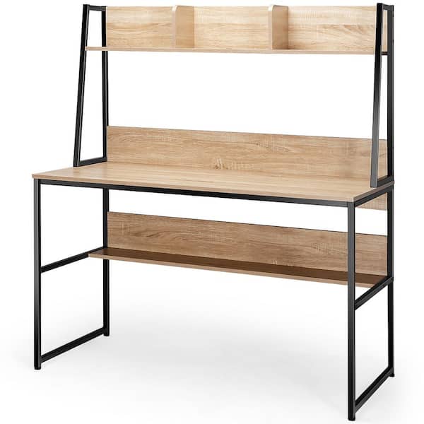 Costway 47 in. Natural Computer Desk with 3-Storage Cubes and Open Bookcase
