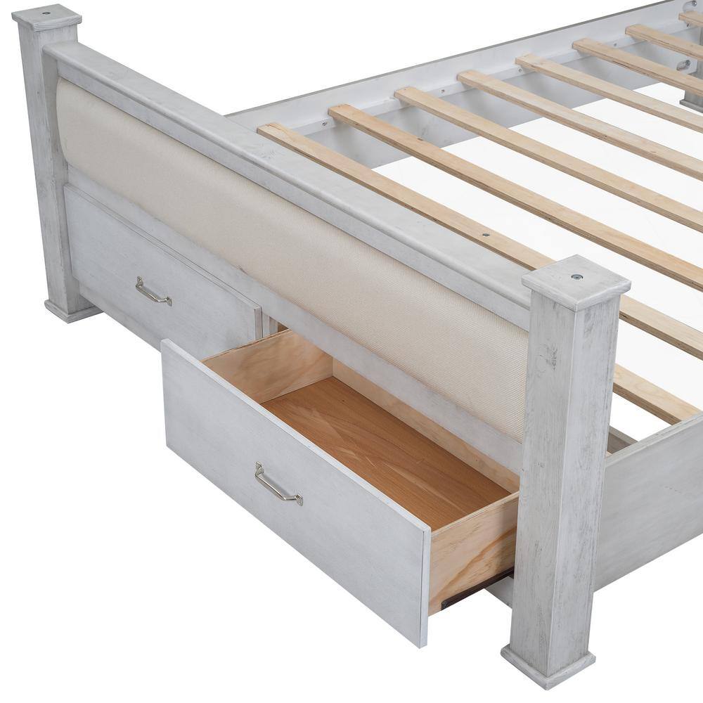 Antique White Queen Pine Wood Platform Bed with Upholstered Headboard and Storage Drawers