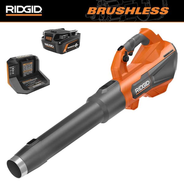 RIDGID 18V Brushless 130 MPH 510 CFM Cordless Battery Leaf Blower with 6.0 Ah MAX Output Battery and Charger