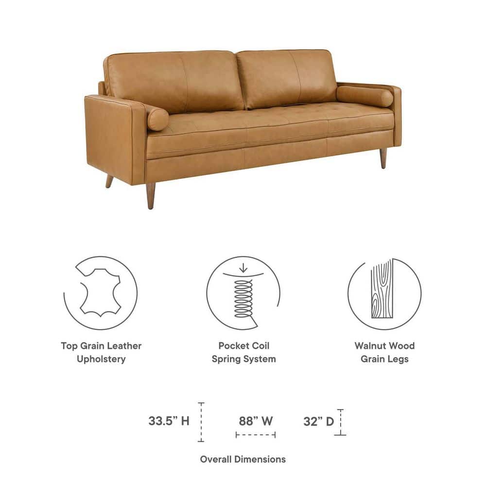 Tan Tufted Leather Sofa with Ottoman and Wood Legs