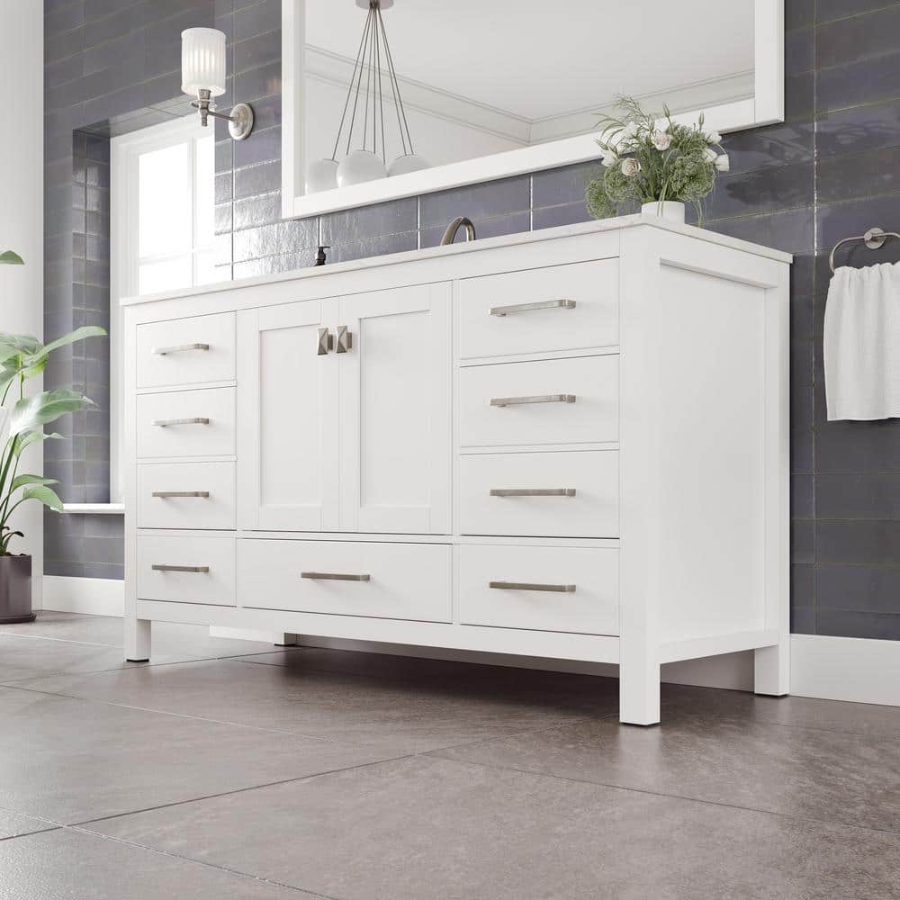 Aberdeen 60" White Birch Marble Single Sink Vanity with Porcelain Basin