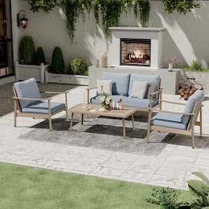 4-Person Aluminum Outdoor Patio Conversation Set with Loveseat, Webbing Chair Back and Blue Cushions