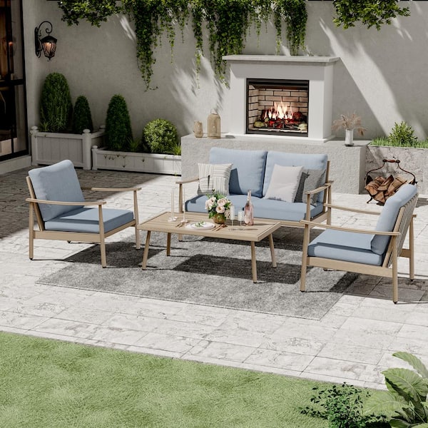 4-Person Aluminum Outdoor Patio Conversation Set with Loveseat, Webbing Chair Back and Blue Cushions