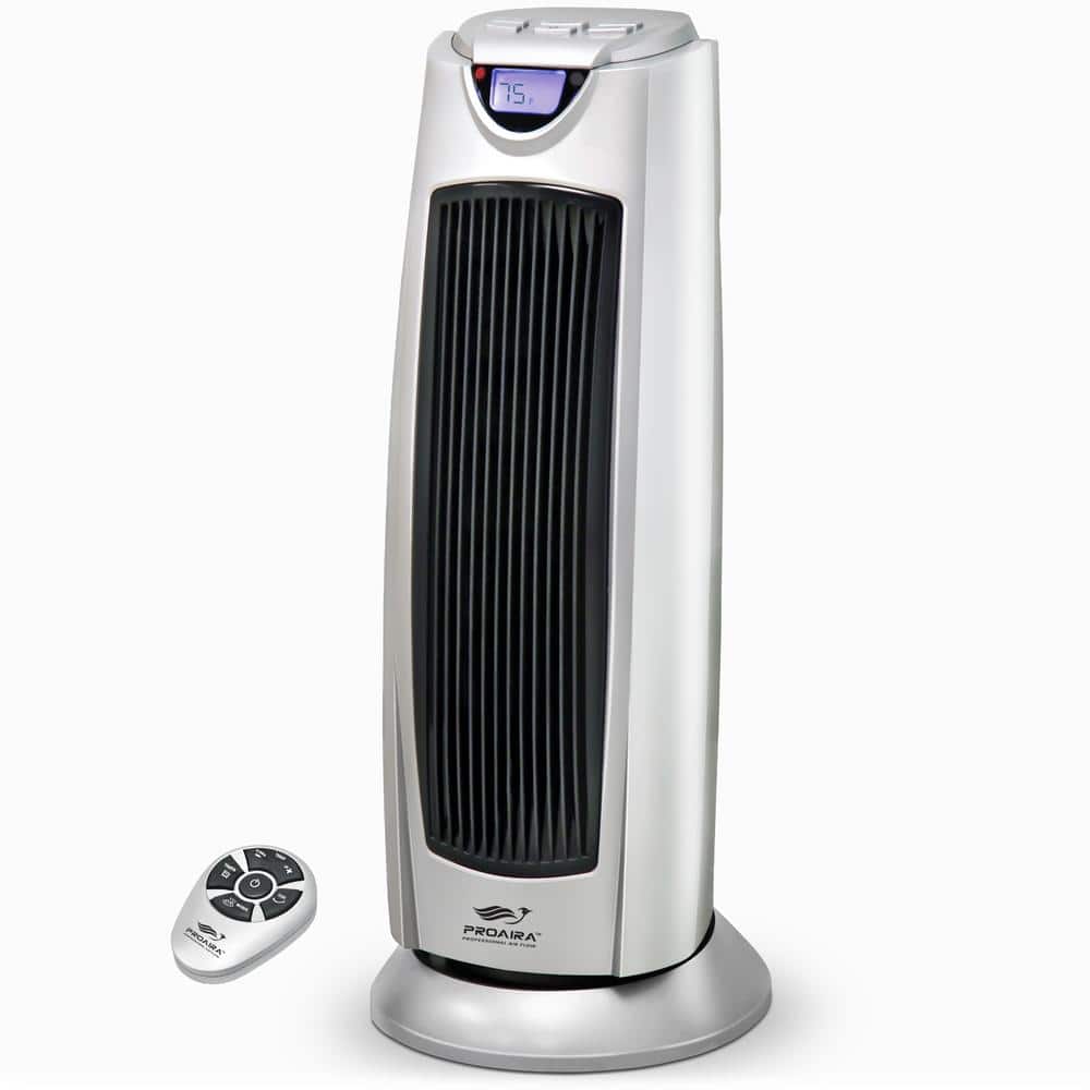 Silver Ceramic Electric Tower Heater with Thermostat and Remote