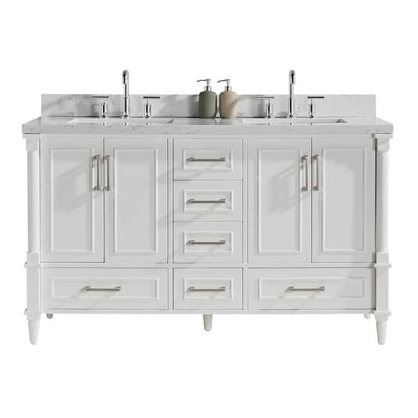Boosicavelly 60 in. W x 22 in. D x 36 in. H Double Sink Freestanding Bath Vanity in White with White Carrara Marble Top