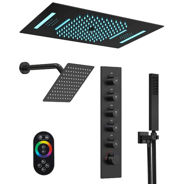 Aurora 23 x 15 in. Mood Light Speaker Shower System with 8 in. Shower Head, Handheld, Thermostatic Valve in Matte Black