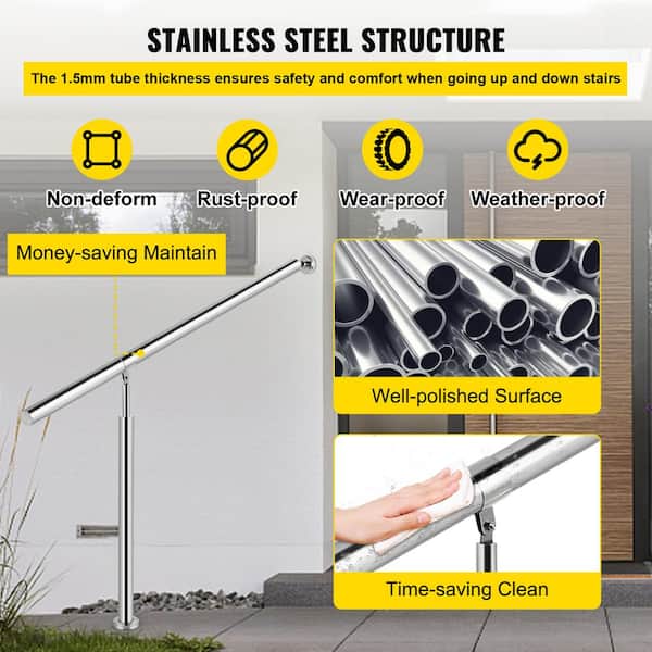 VEVOR 59 in. W x 35.4 in. H Single Post Handrails 304 Stainless Steel Handrails for Outdoor Steps, Silver