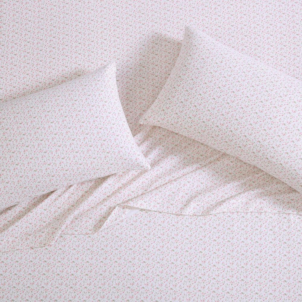 Evie Soft Pink Cotton Flannel King Sheet Set with Floral Pattern