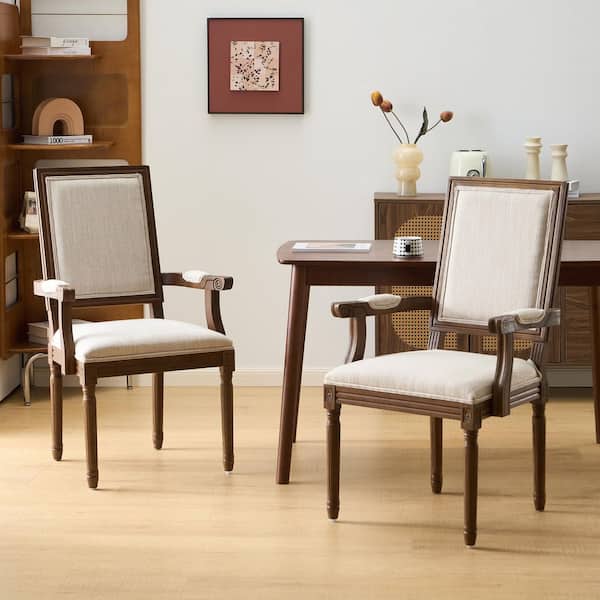 Aisenbrey French Village Solid Wood Fabric Upholstered Dining Arm Chairs Walnut Plus Beige