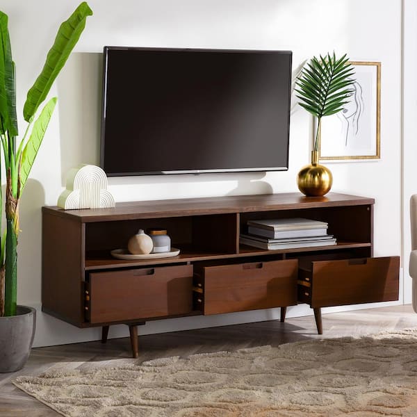58 in. Boho Modern Walnut Solid Wood 3 Drawer TV Stand (Max TV Size 65 in.)