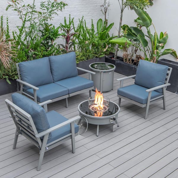 Leisuremod Walbrooke Grey 5-Piece Aluminum Round Patio Fire Pit Set with Navy Blue Cushions and Tank Holder