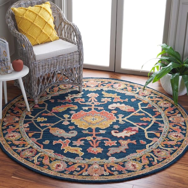 Metro 6 ft. x 6 ft. Navy/Red Ornate Border Abstract Round Area Rug