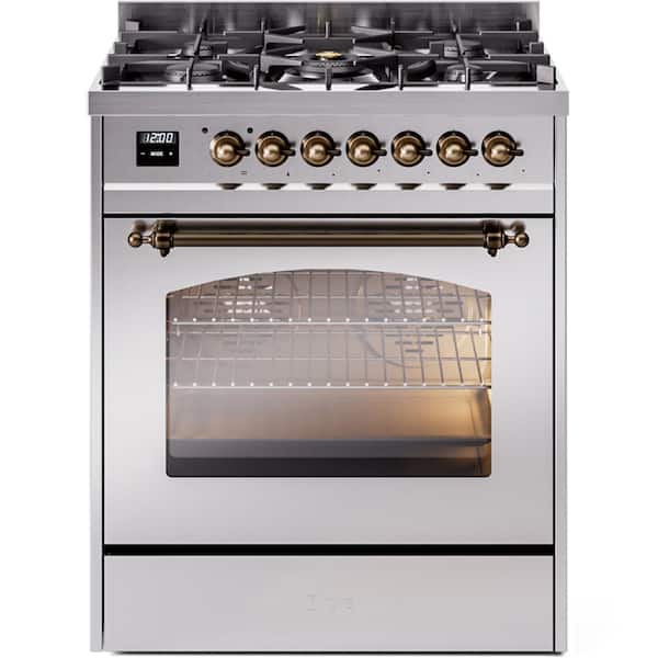 ILVE Nostalgie II 30 in. 5 Burner Freestanding Dual Fuel Range in Stainless Steel with Bronze Trim