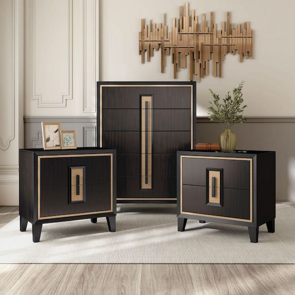 Demi 3-Piece Espresso 2-Drawer Set of 2 Nightstands and Chest with Gold Trim