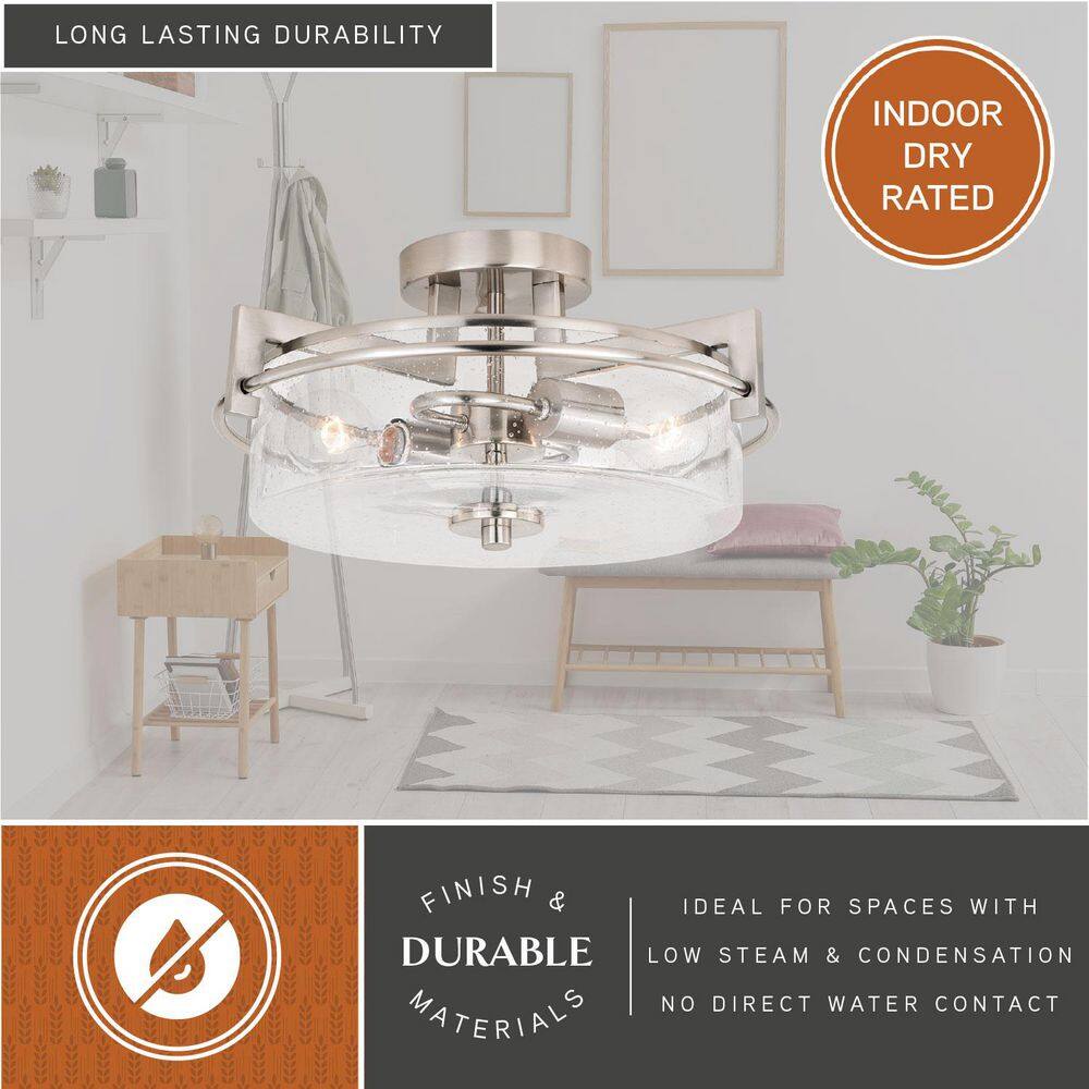Satin Nickel 15" Drum Ceiling Light with Seeded Glass