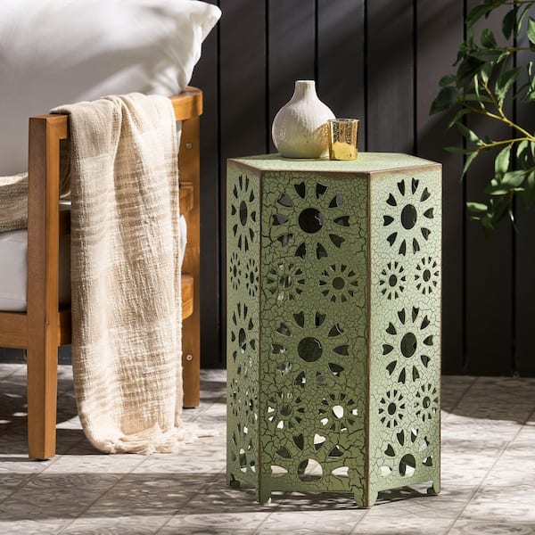 Harper & Bright Designs Hexagonal Prism Green Iron Outdoor Side Table with Sunburst Cut Out Design, No Assembly Required