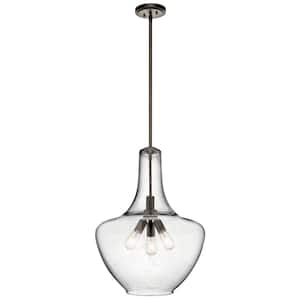 Everly 27.5 in. 3-Light Olde Bronze Transitional Shaded Kitchen Bell Pendant Hanging Light with Clear Seeded Glass
