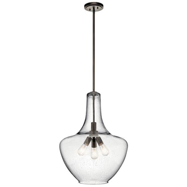 KICHLER Everly 27.5 in. 3-Light Olde Bronze Transitional Shaded Kitchen Bell Pendant Hanging Light with Clear Seeded Glass