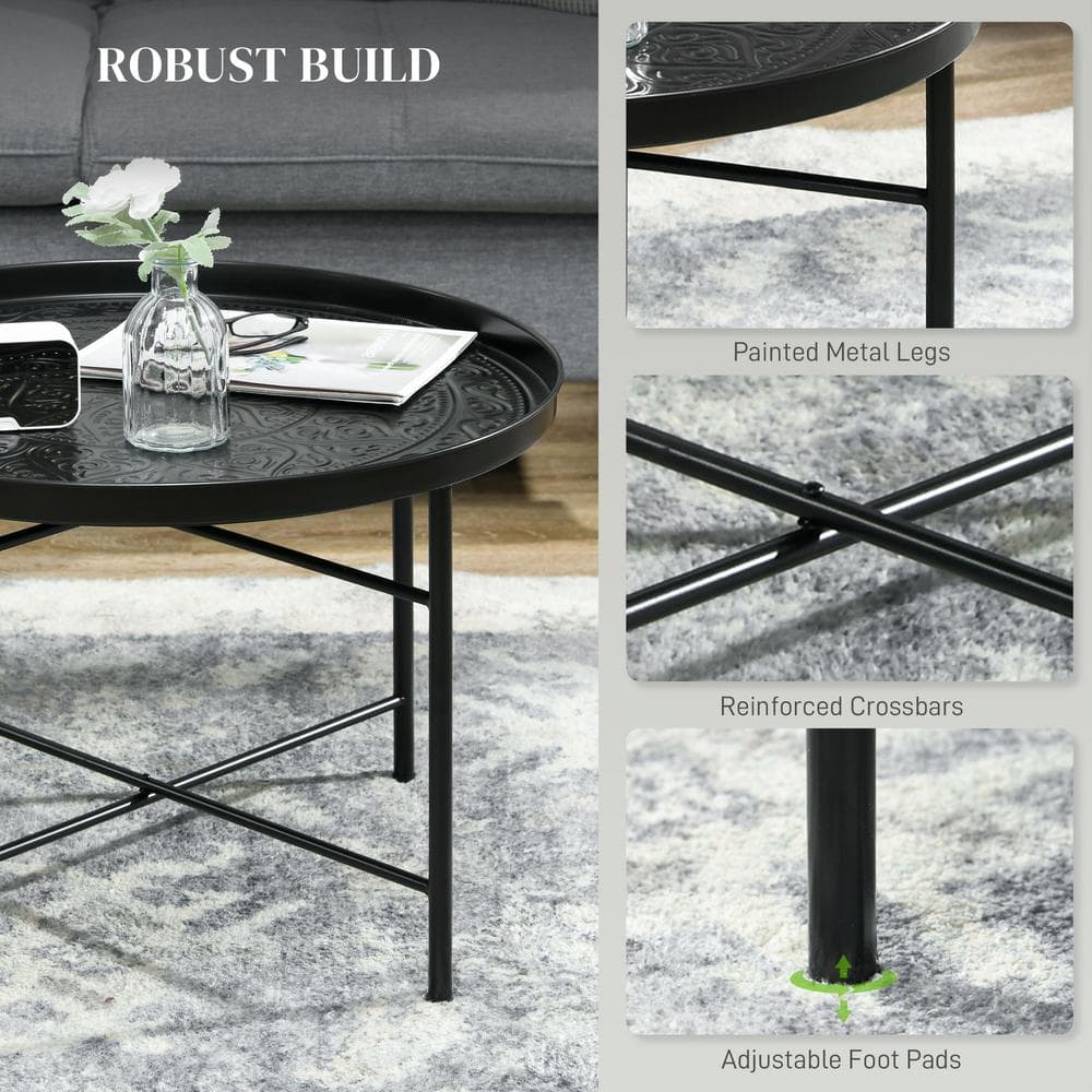 HOMCOM 24" Round Black Metal Coffee Table with Hammered Tray Top