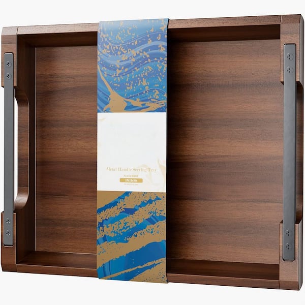 17 in. W x 2 in. H x 13 in. D Rustic Decorative Acacia Wood Serving Tray with Metal Handles for Kitchen and Bar