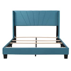Blue Wood Frame Queen Size Velvet Upholstered Platform Bed