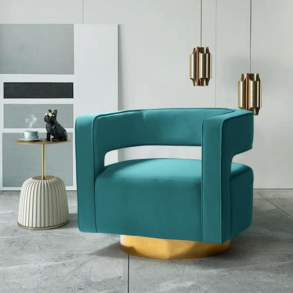 JAYDEN CREATION Gustaf Contemporary Velvet Blue Comfy Swivel Barrel Chair with Open Back and Metal Base