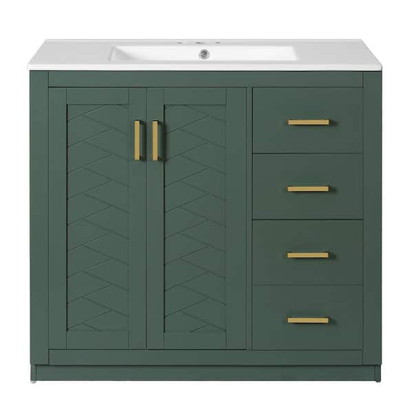 36 in. Green Wood Rectangle Vessel Sink Bathroom Vanity Combo with 3 Drawers and Soft Closing Doors