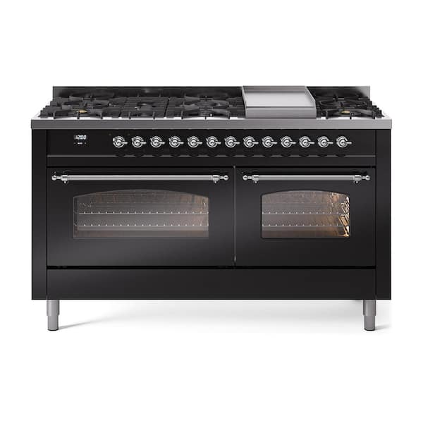Nostalgie II 60 in. Dual Fuel Natural Gas Range with 9-Burnerss, Griddle, Chrome Trim in Glossy Black