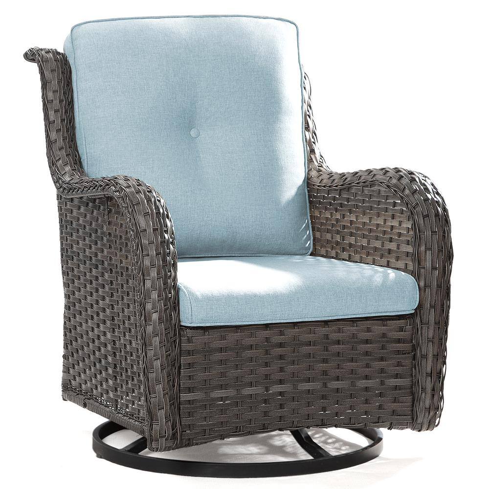 Modern Brown Steel Rocking Armchair with Baby Blue Cushions