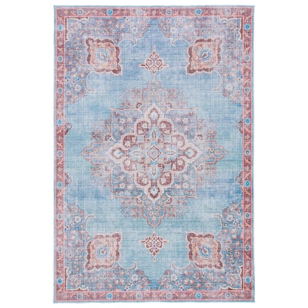 Serapi Blue/Brown 5 ft. x 8 ft. Machine Washable Geometric Distressed Area Rug