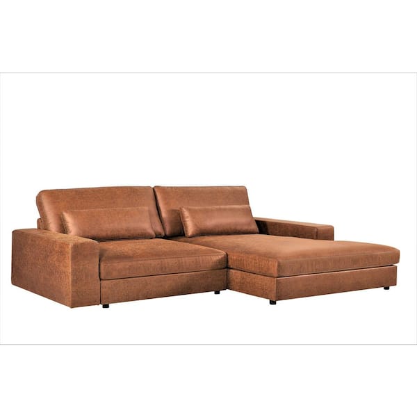 Elzada 105.52 in. W Square Arm 2-Piece L Shaped Leather Mid-Century Right Facing Sectional Sofa in Brown