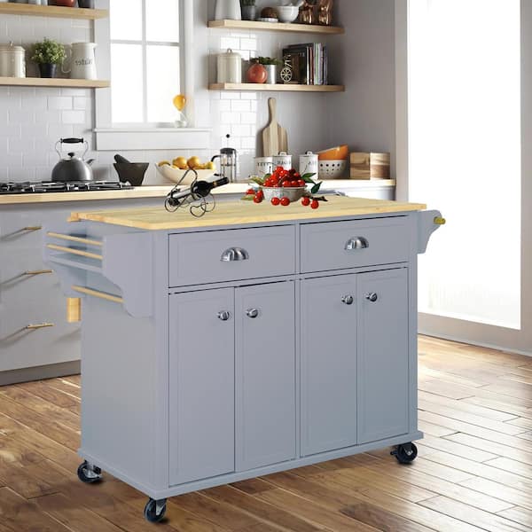 Staykiwi Gray Solid Wood Kitchen Cart with Drop Leaf, Spice Rack, Towel Rack and 2- Drawers