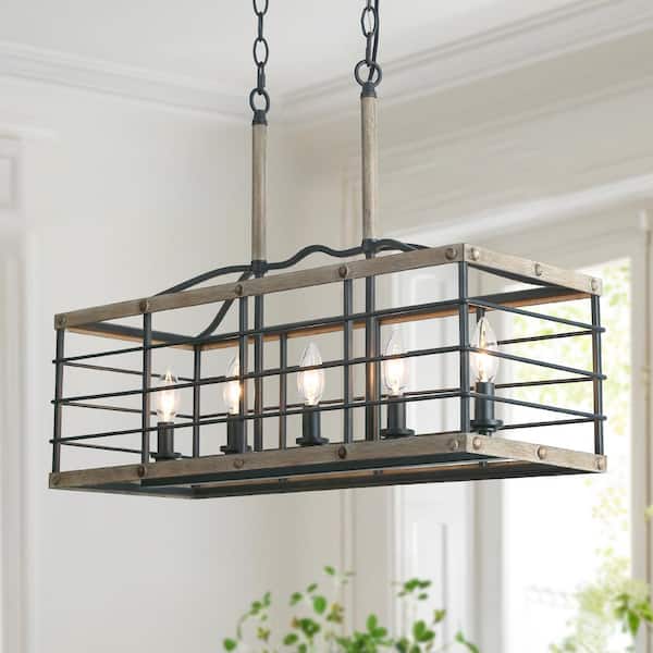 LNC Industrial 26 in. 5-Light Dark Gray Island Chandelier with Geometric Cage Rectangle Ceiling Light for Kitchen Island