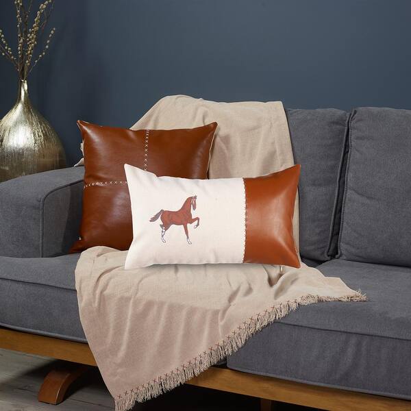 Boho Embroidered Horse Handmade Set of 2 Throw Pillow 18 x 18 Vegan Faux Leather Solid Beige & Brown Square Mike&Co. New York
