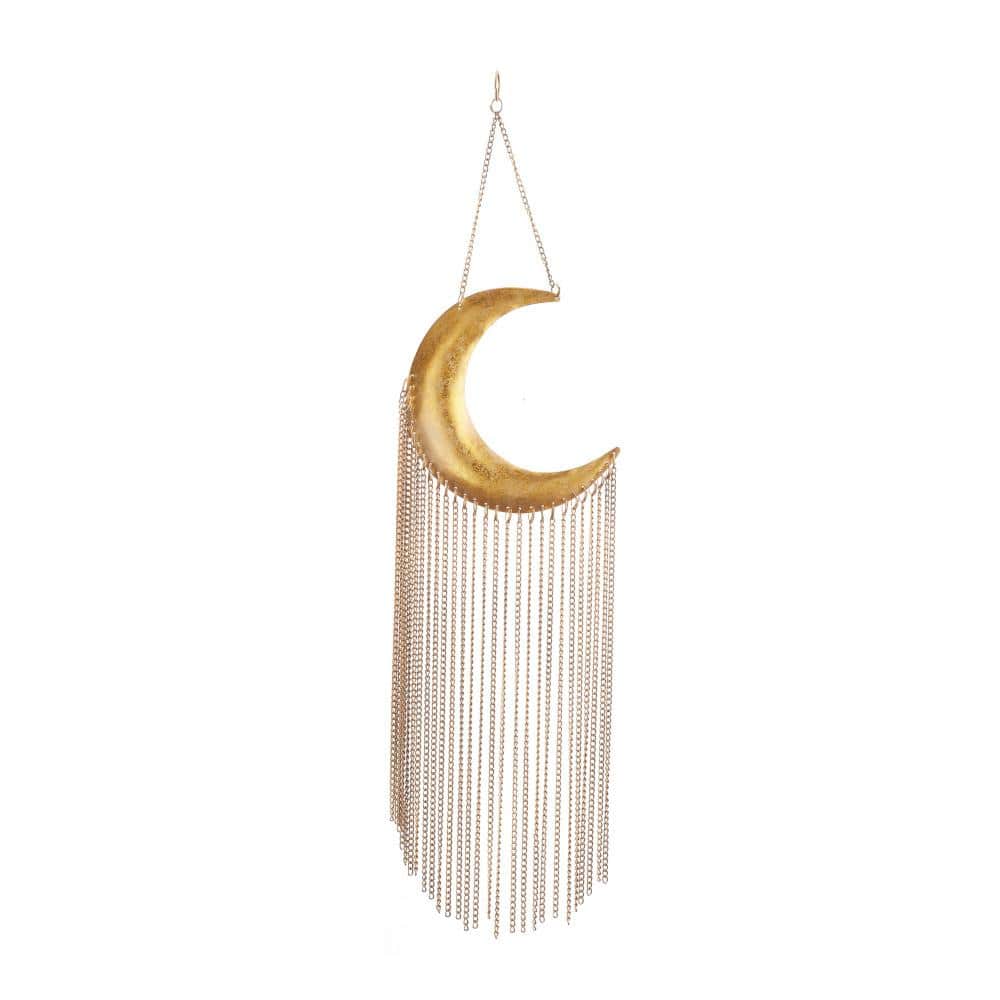 30 in. Gold Metal Moon Indoor Outdoor Windchime with Chain Tassels