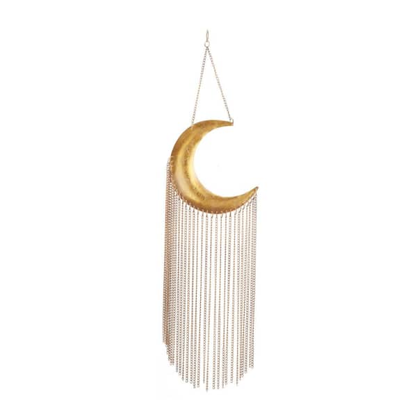 30 in. Gold Metal Moon Indoor Outdoor Windchime with Chain Tassels