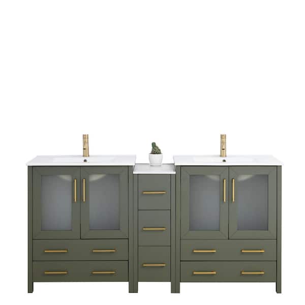 Vanity Art 72 in. W x 18 in. D x 36 in. H Vintage Green Bath Vanity with White Ceramic Top and Mirror